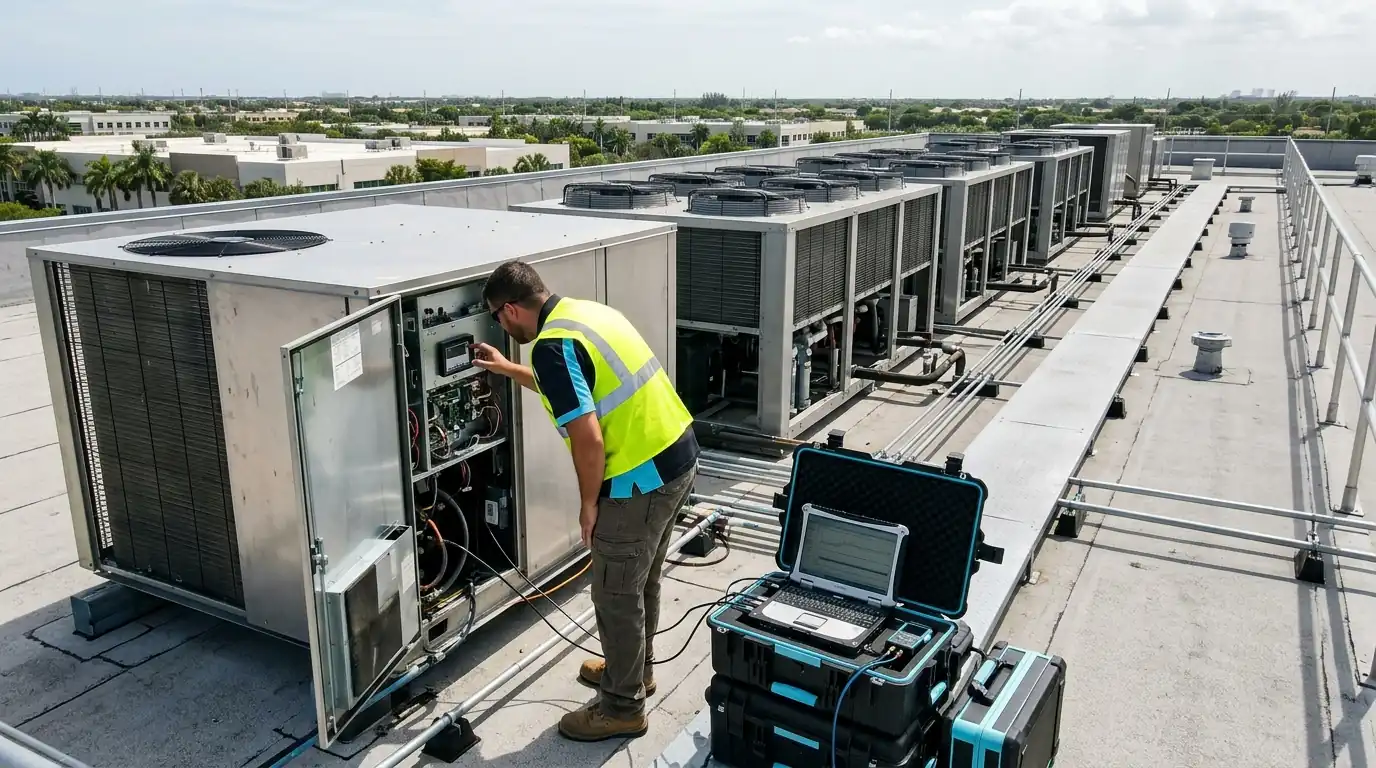Technician reading VRF diagnostics on a Doral office roof