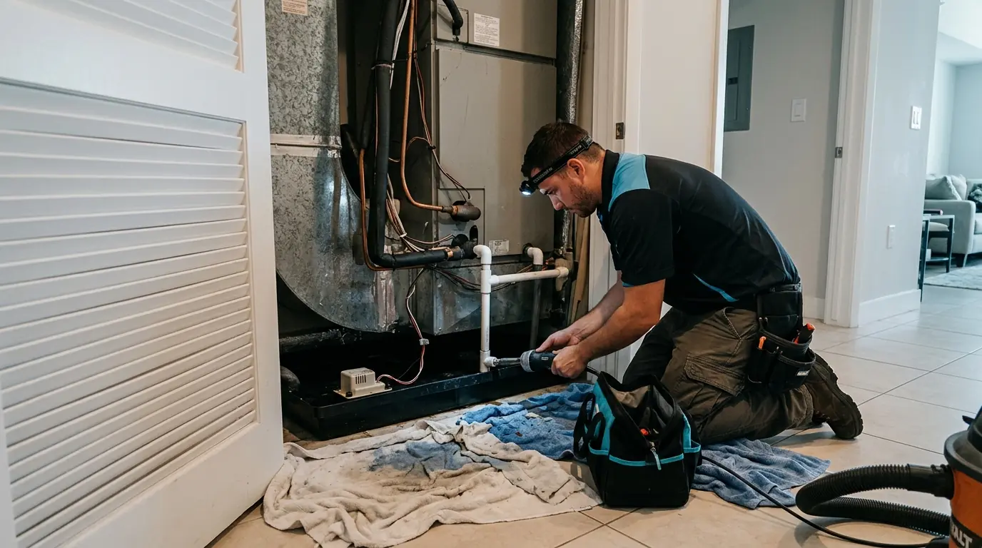Technician clearing a condo AC drain line in a Miami high-rise