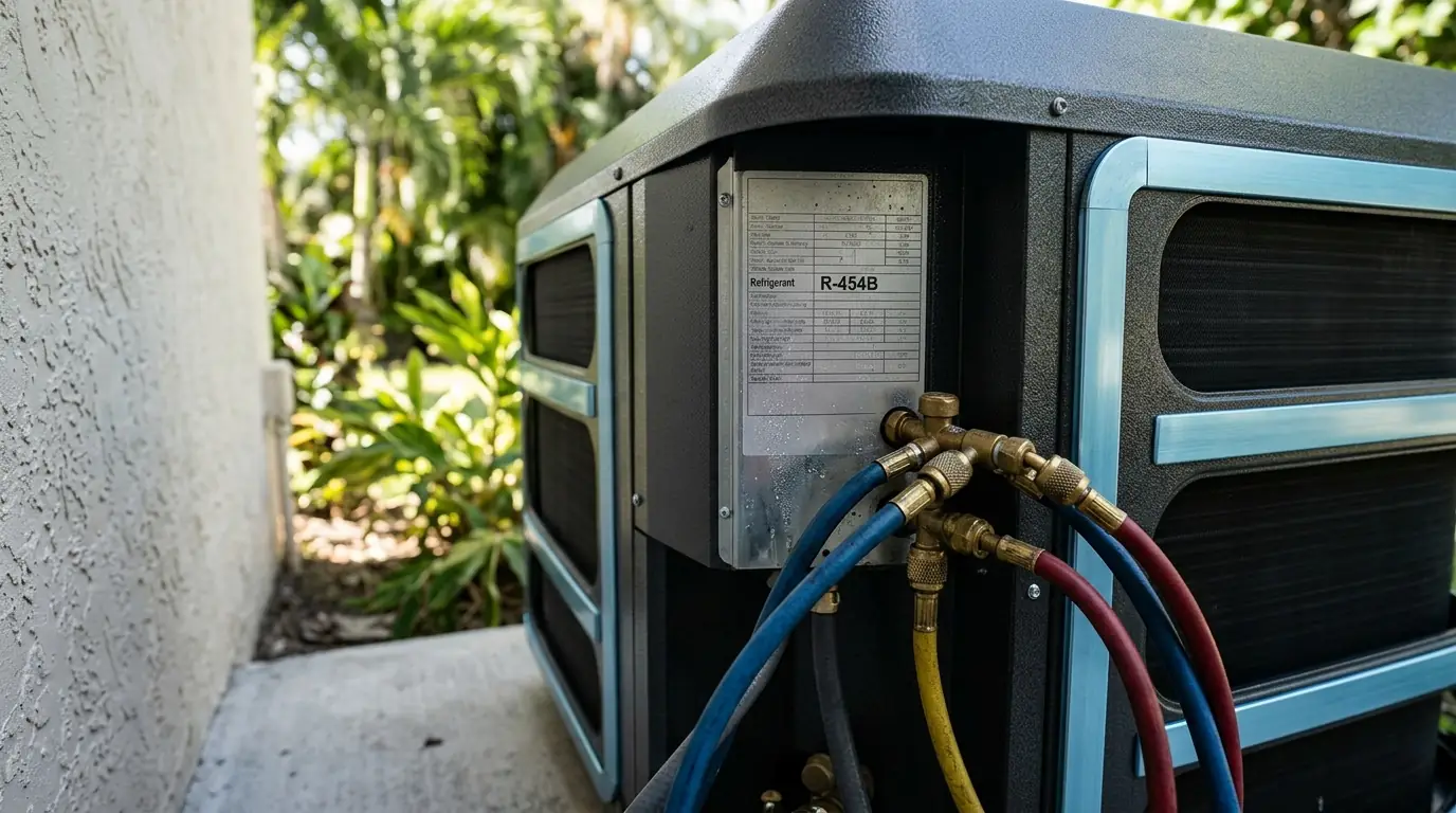 R-454B condenser data plate on a new Miami AC