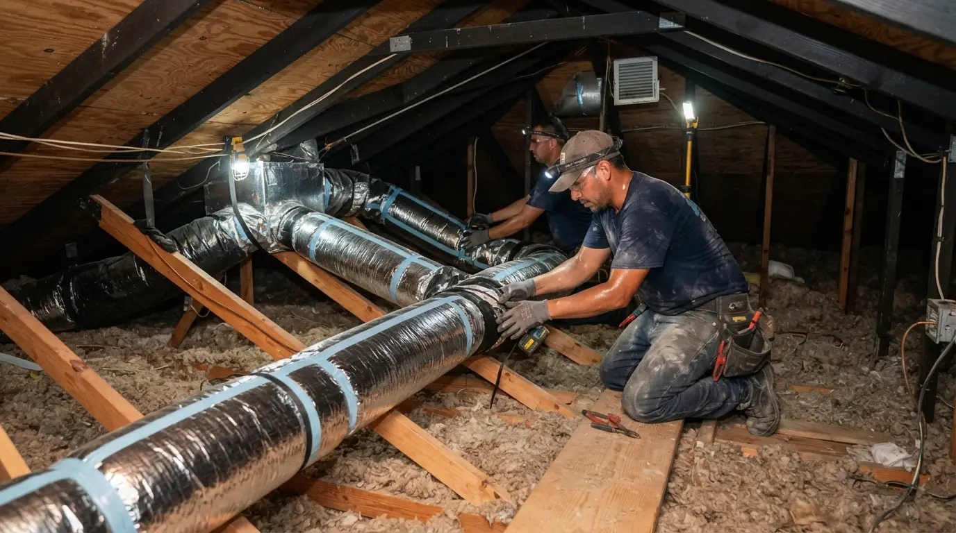 New central AC installation with duct in a Miami attic