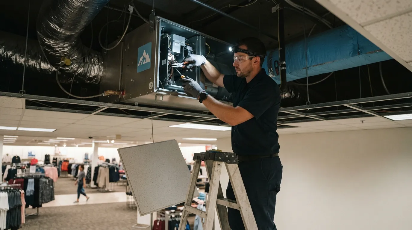 Split system repair above a Miami retail ceiling