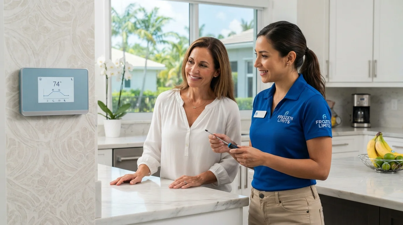 Frozen Limits HVAC technician explaining a thermostat schedule to a Miami homeowner