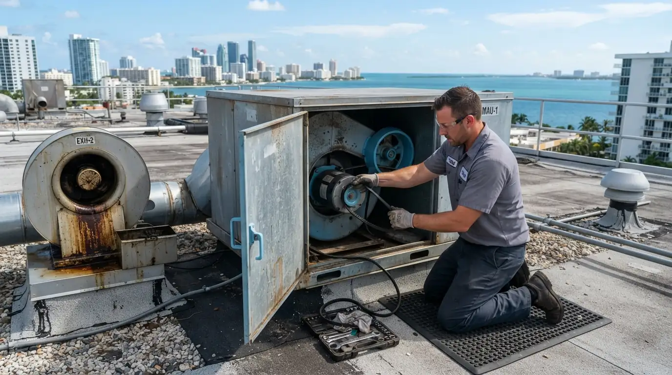 Make-up air unit service on a Miami restaurant roof