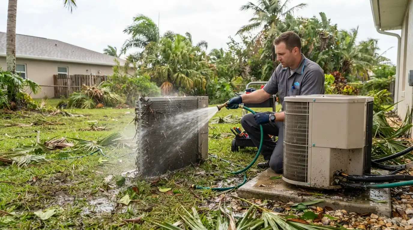 Post-storm AC inspection and coil rinse in Miami