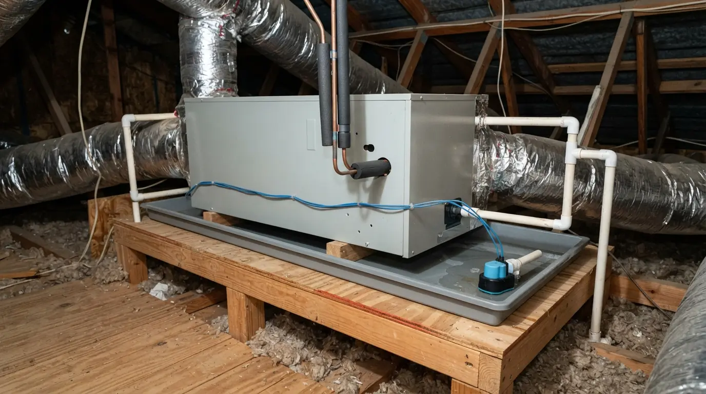 Attic air handler replacement with a secondary drain pan in Miami