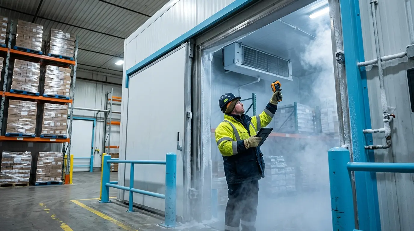 Technician at a walk-in freezer in a Medley distribution warehouse