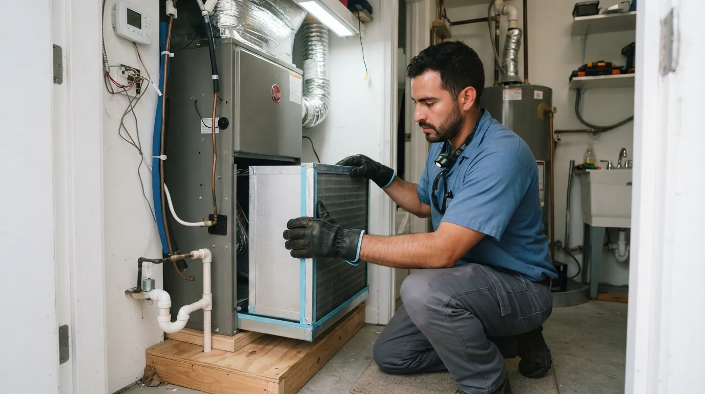 Evaporator coil replacement in a Miami air handler closet