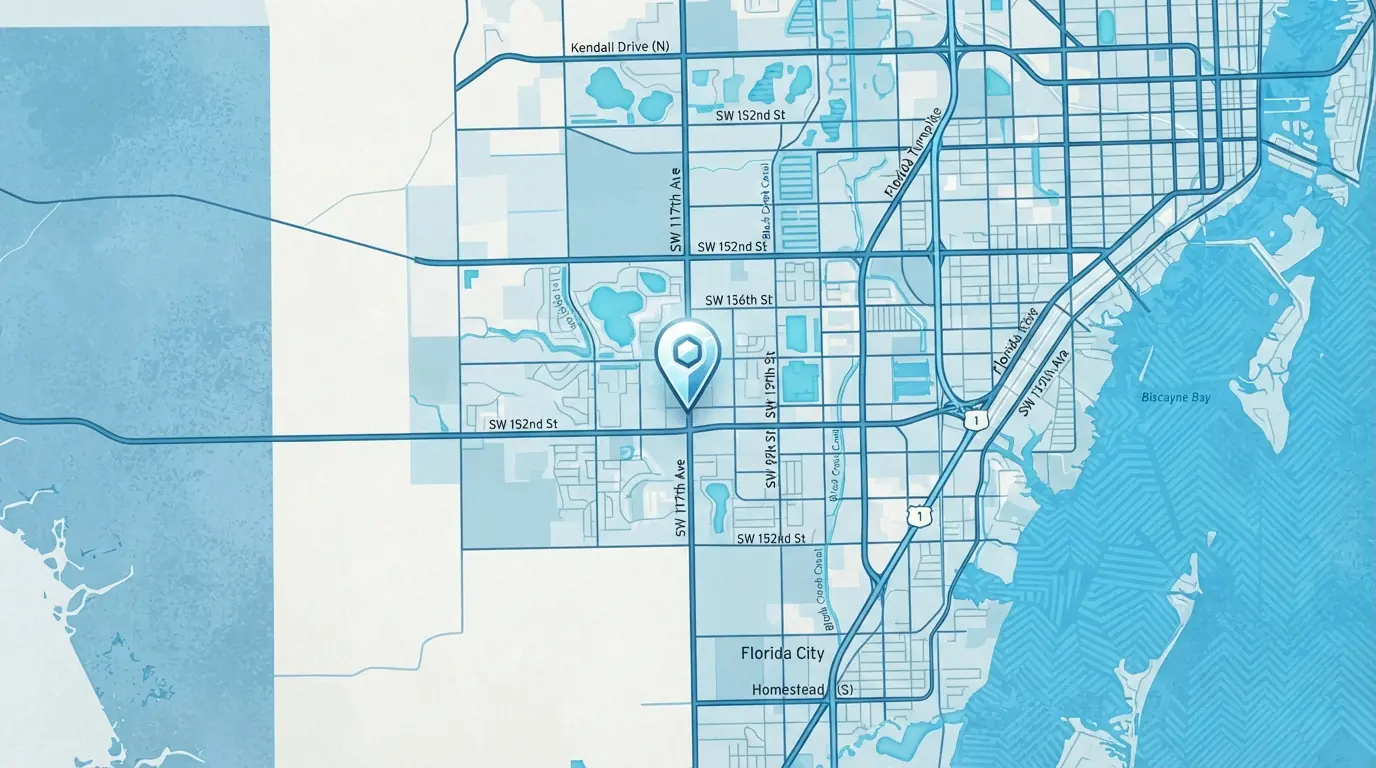 Map placeholder showing the Frozen Limits HVAC service office on SW 117th Ave in Miami