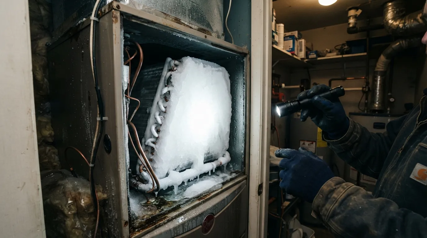 Frozen evaporator coil found during an AC repair call in Miami