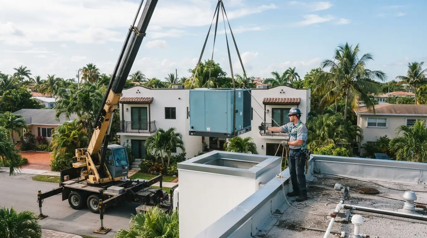 Rooftop package unit installation by crane in Miami