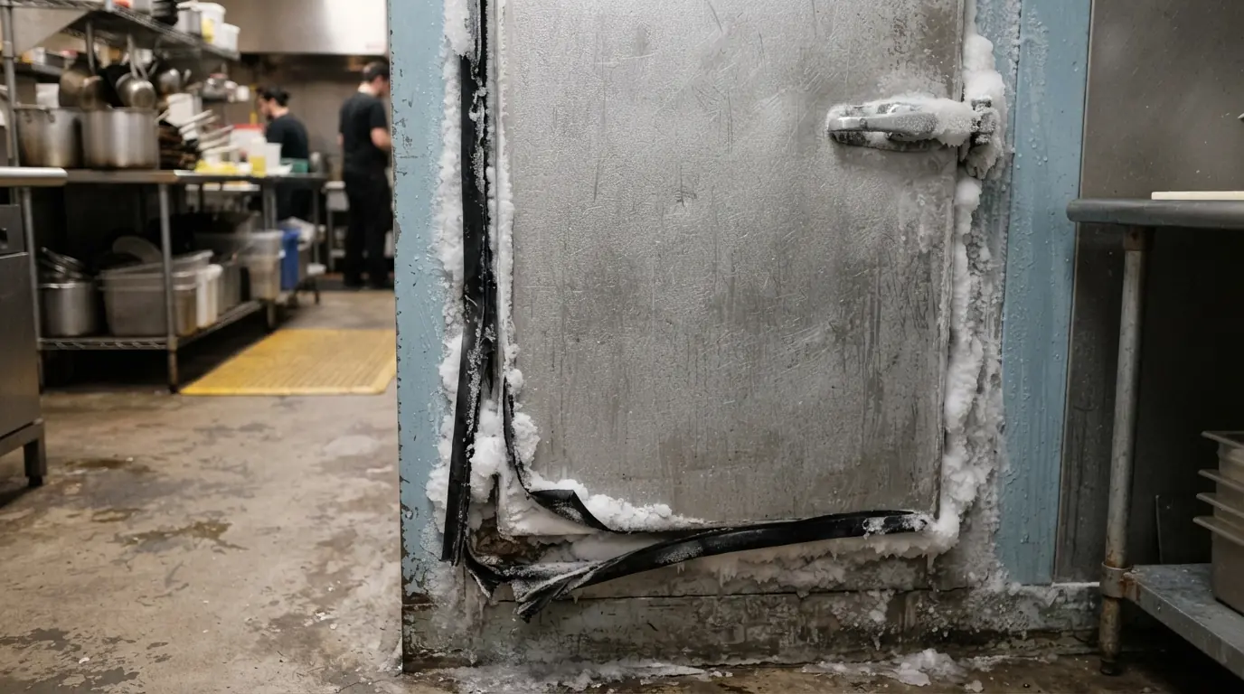 Walk-in freezer door gasket warning sign
