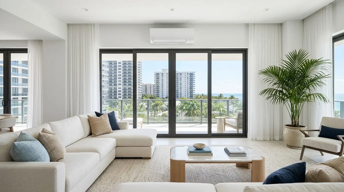 Mini split head and ceiling return grille in a Miami condo living room