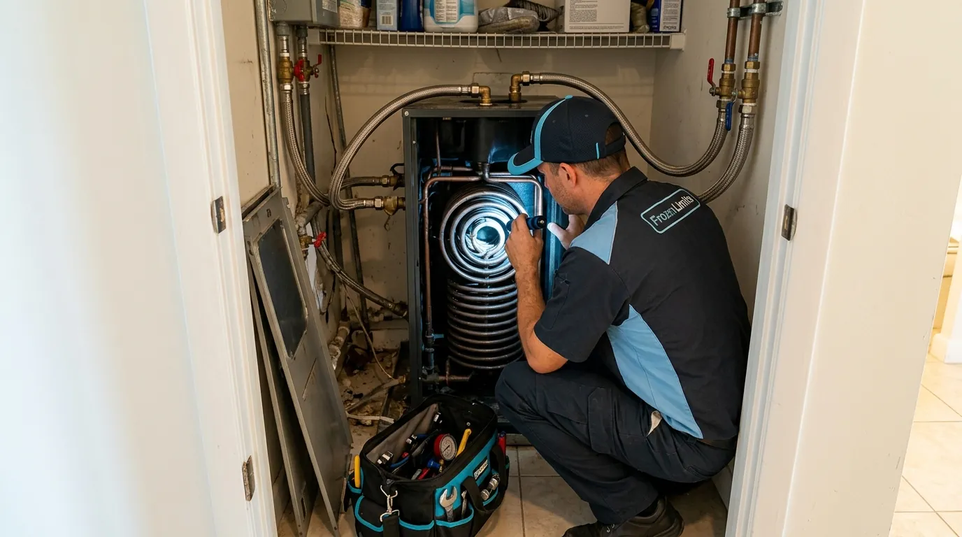 Water-source heat pump being serviced in a Miami condo closet