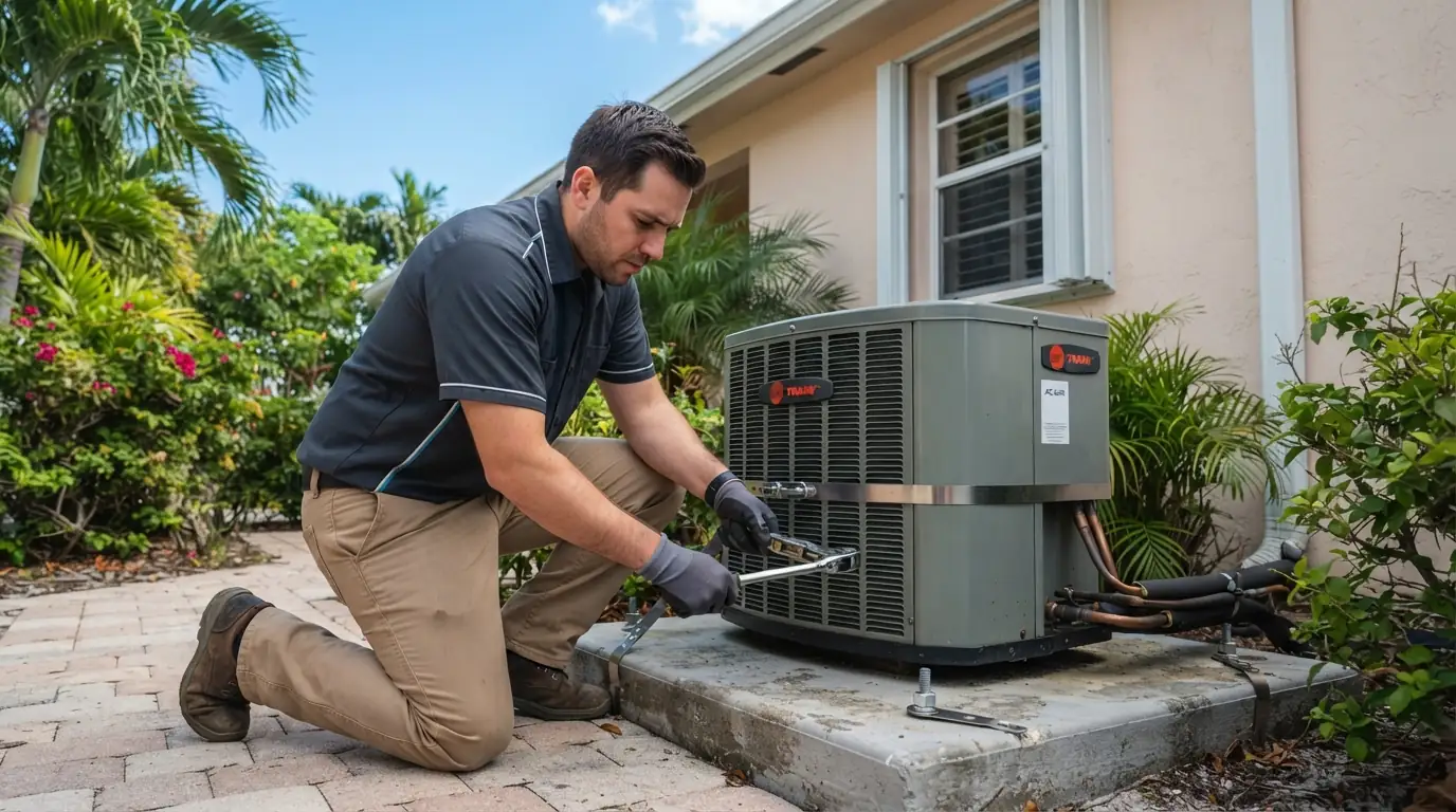 Hurricane tie-down check on a Miami AC condenser