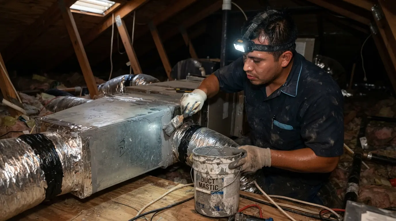 Duct sealing with mastic in a Miami attic