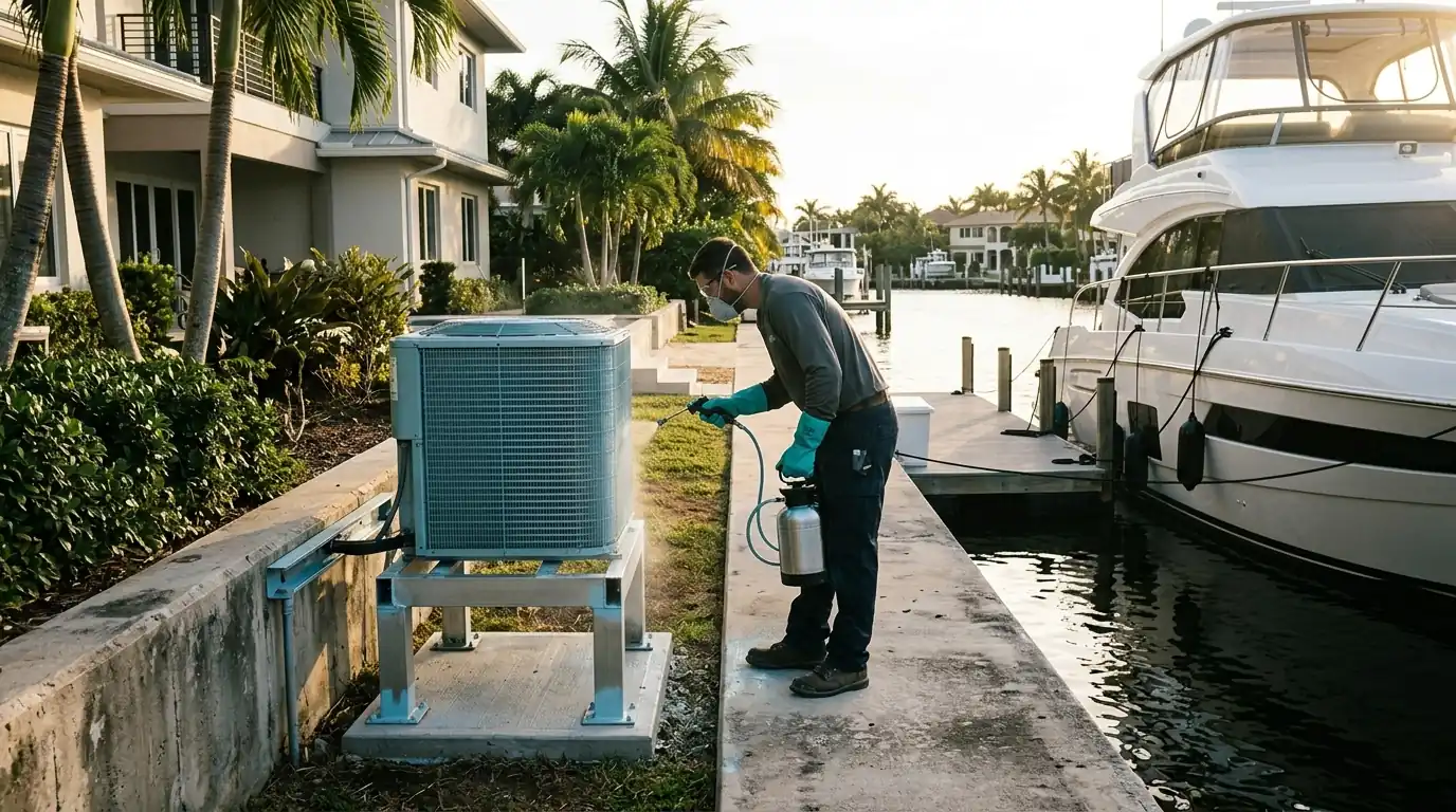 Technician coating a condenser beside a canal home in Fort Lauderdale
