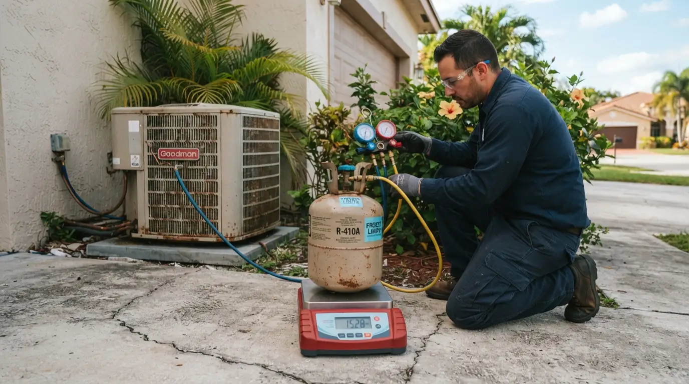 Refrigerant charged by weight after a leak repair in Miami