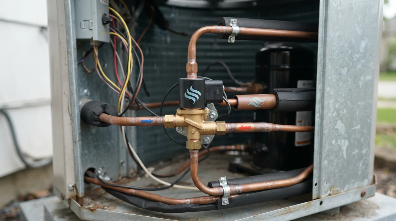 Heat pump reversing valve inside the outdoor unit
