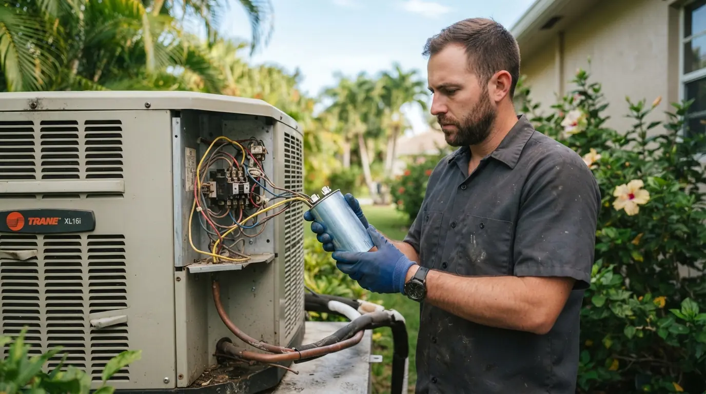 Capacitor replacement on an outdoor AC unit in Miami