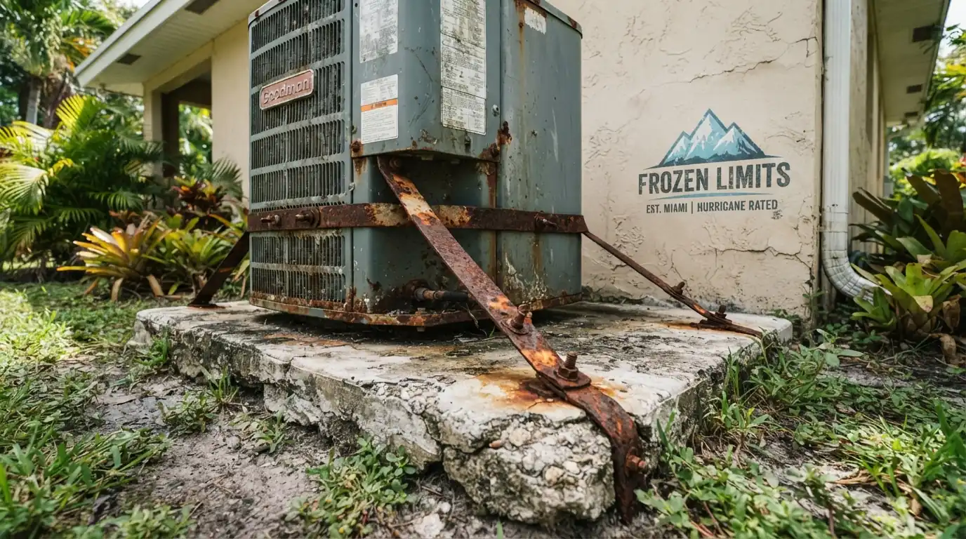 Rusted AC tie-downs before hurricane season in Miami