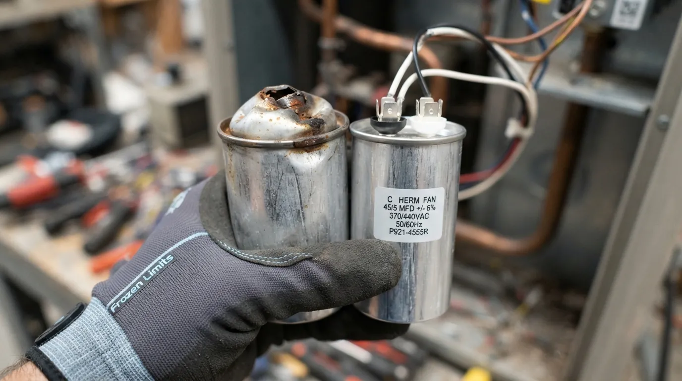 Failed AC capacitor compared with a replacement during an emergency repair in Miami