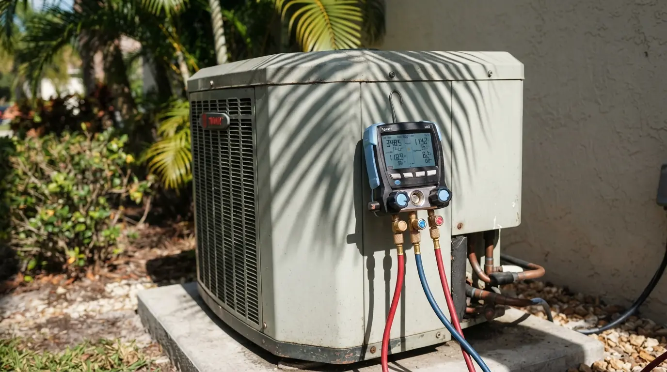 Refrigerant gauges checking the charge on a Miami AC system blowing warm air