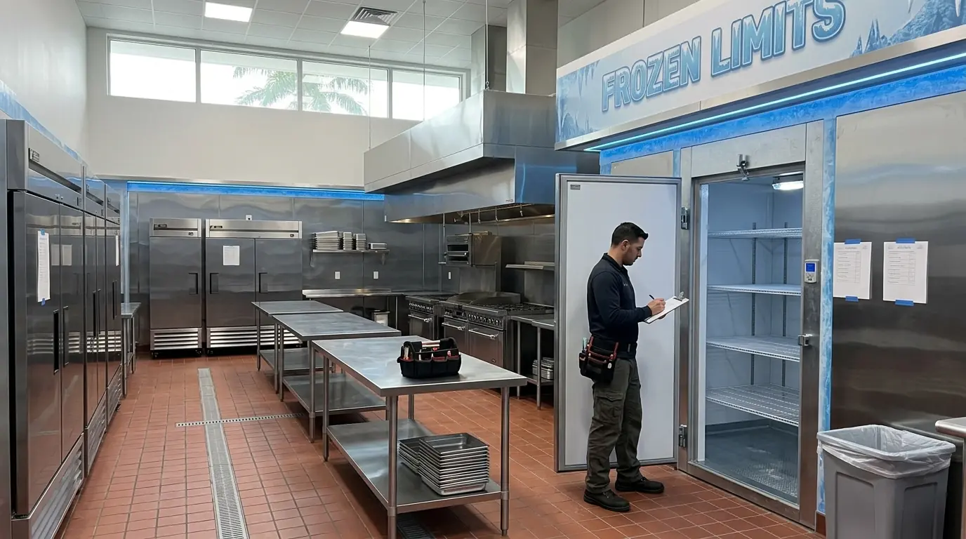 Technician logging refrigeration temperatures in a new Miami restaurant kitchen