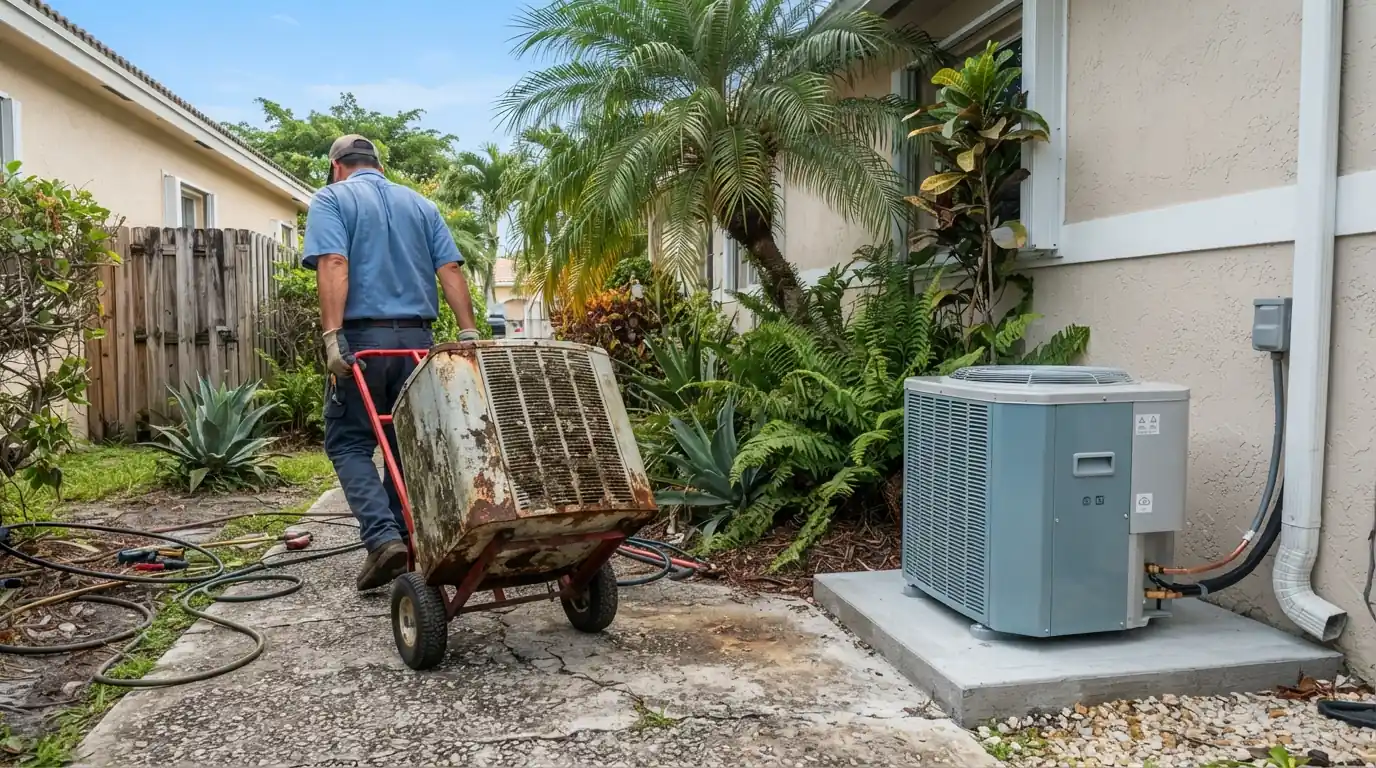 Old AC removed during a full system replacement in Miami