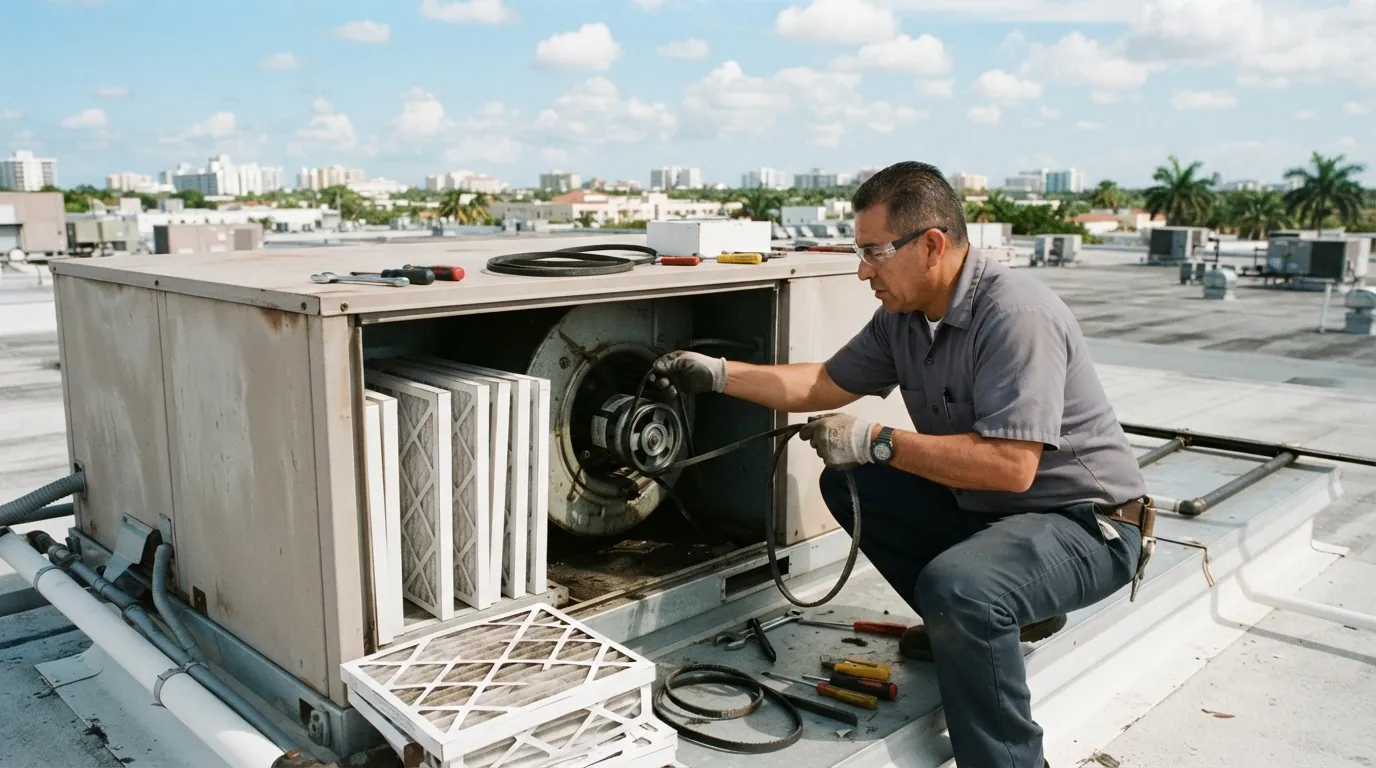 Commercial HVAC maintenance on a Miami rooftop unit