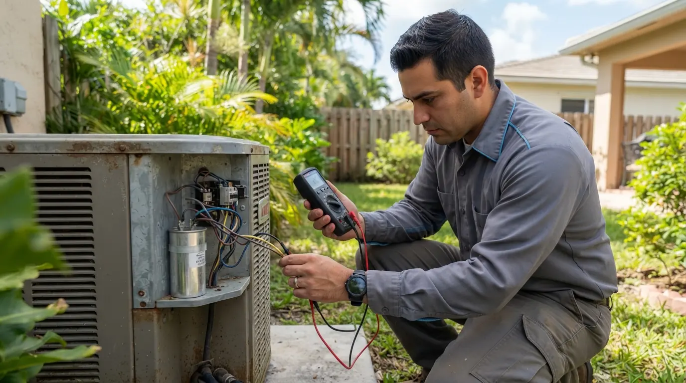 Technician testing a capacitor during an AC repair in Miami