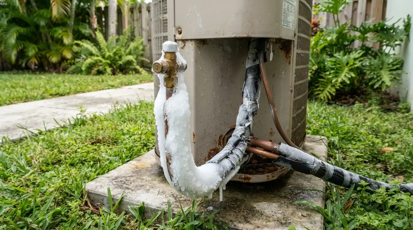 Ice on the refrigerant line of a Miami air conditioner