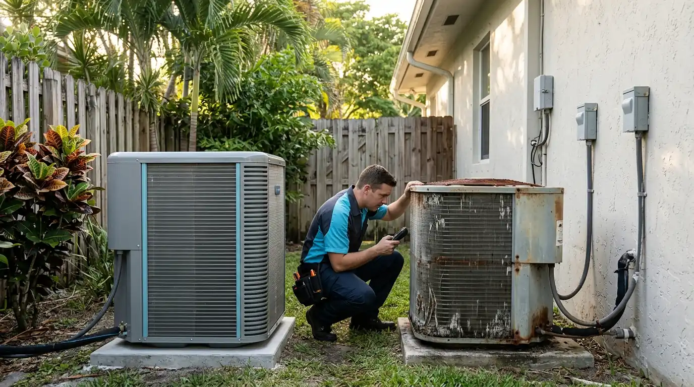 Old and new AC condensers side by side behind a Miami home