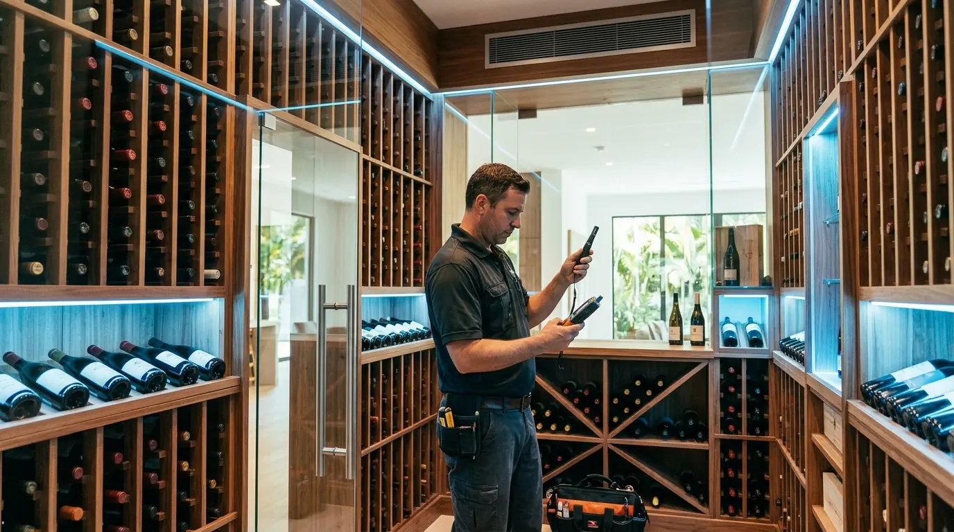 Technician checking temperature in a residential wine cellar in Miami