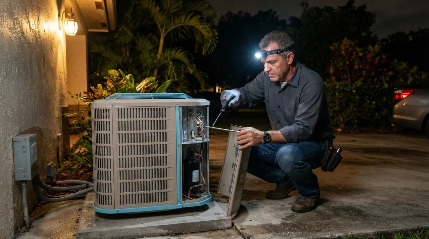 Technician performing an emergency AC repair at night on a Miami condenser