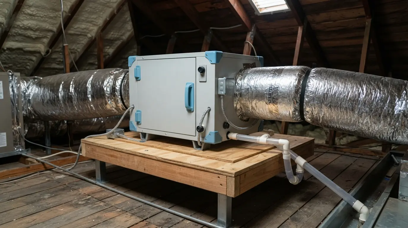 Whole-home dehumidifier installed in a Miami attic