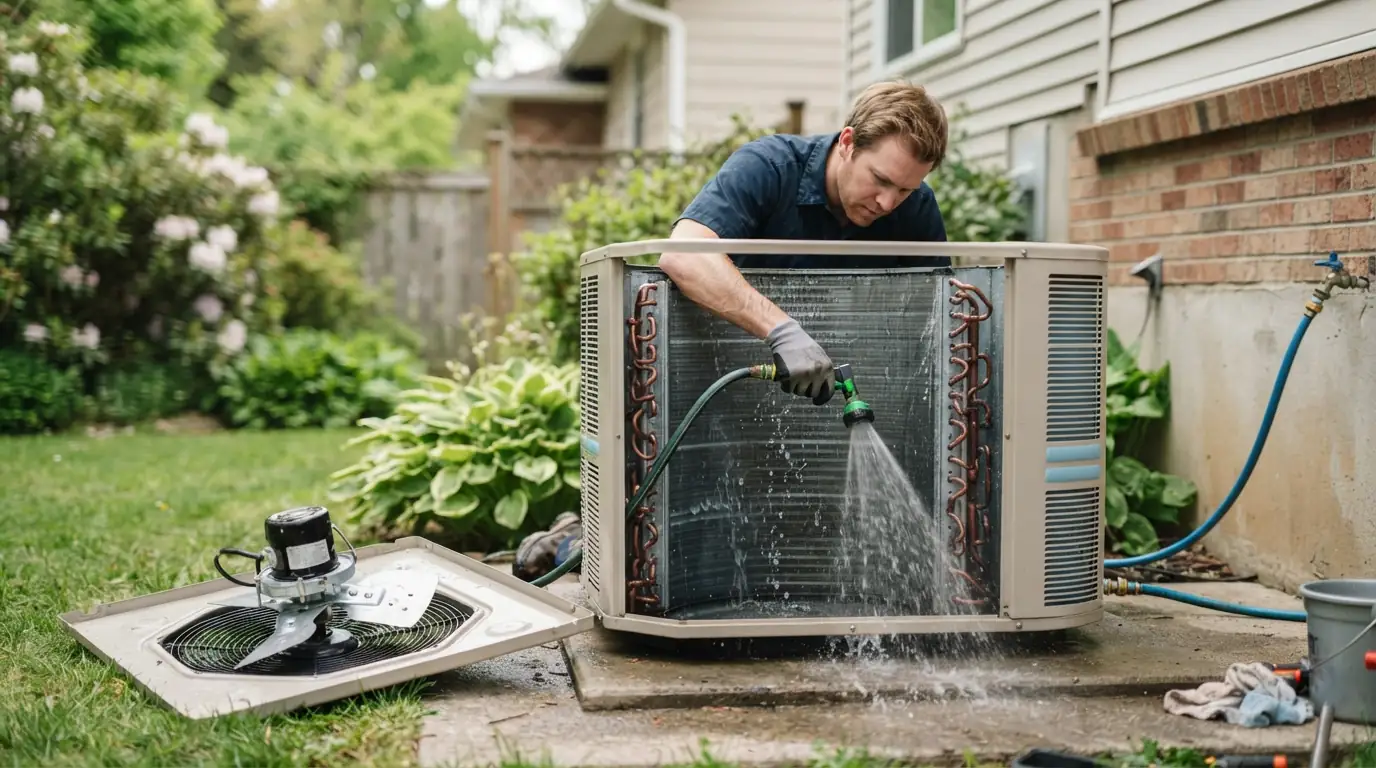 Pre-summer condenser coil rinse during a Miami tune-up