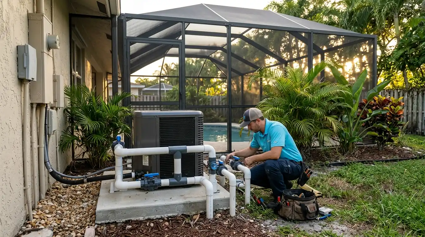 Pool heat pump being serviced beside a screened pool in Miami